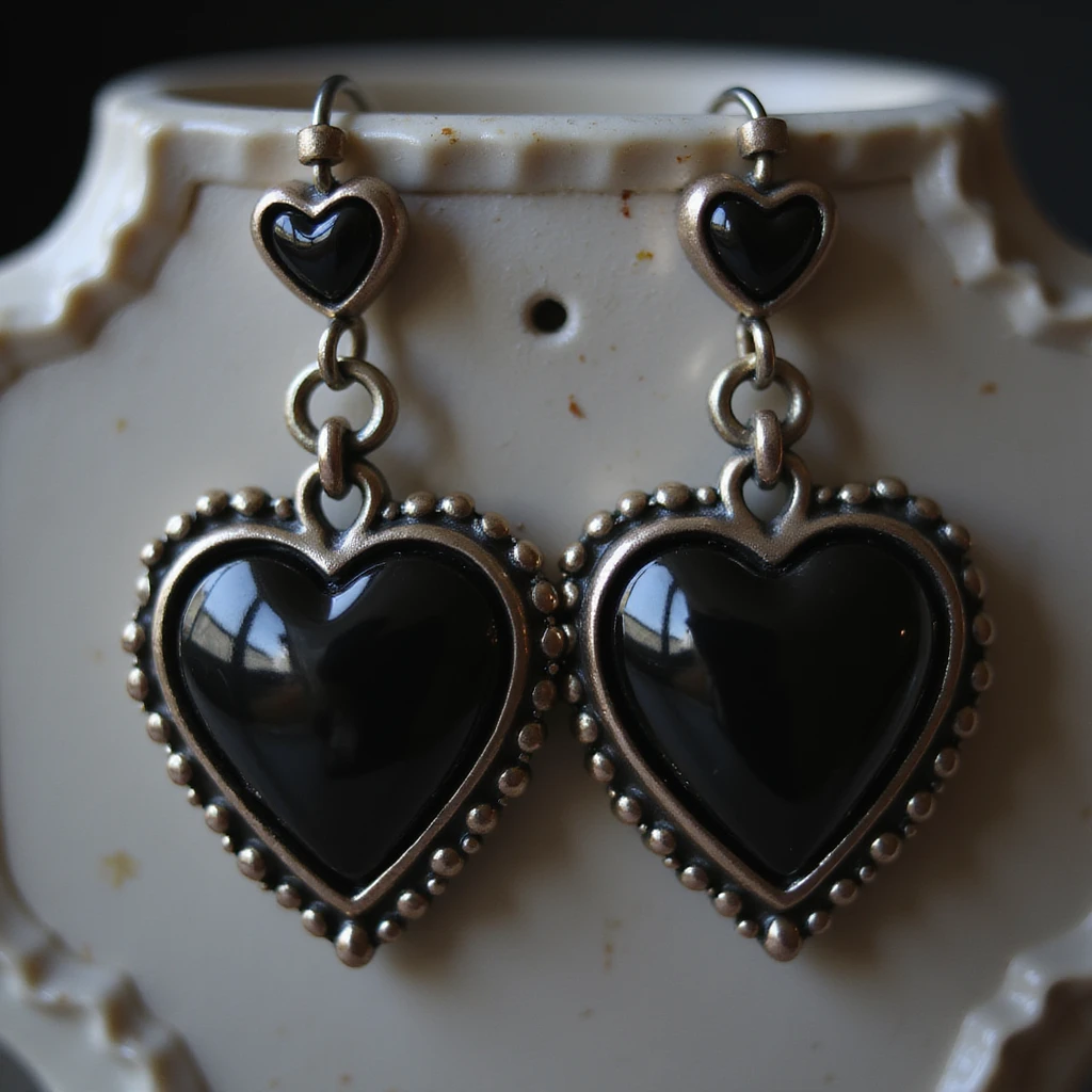 realistic goth earrings, black heart locket, polished metal, romantic gothic emoji