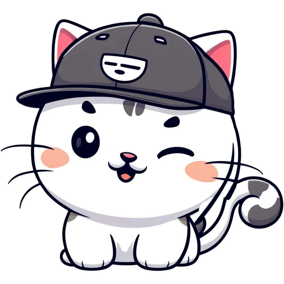 close-up of cat's face with one eye completely closed in an obvious wink, other eye open, wearing black snapback cap, black sunglasses positioned low on nose so cat is peeking over them, mischievous expression emoji