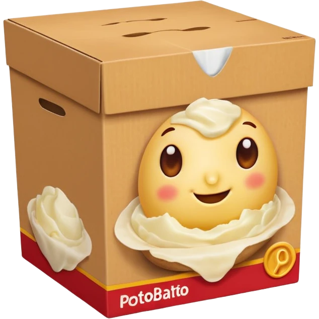 thick upright cardboard box warm yellow and red featuring smooth mashed potato image front no branding subtle potato motifs no visible bowl sachets closed box soft lighting transparent background emoji scale emoji