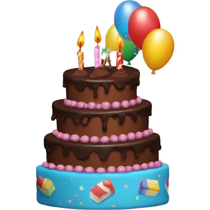 A chocolate birthday cake with balloons coming out on it saying happy birthday emoji