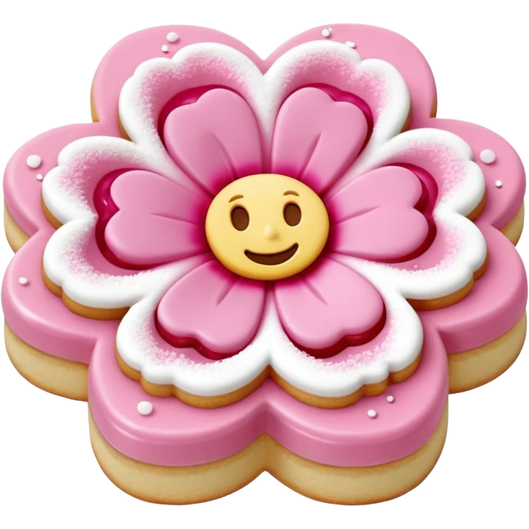 Realistic shortbread cookie in the shape of a camilia flower with pastel pink color jelly middle filling andkled powder sugar on top.emoj sprini emoji