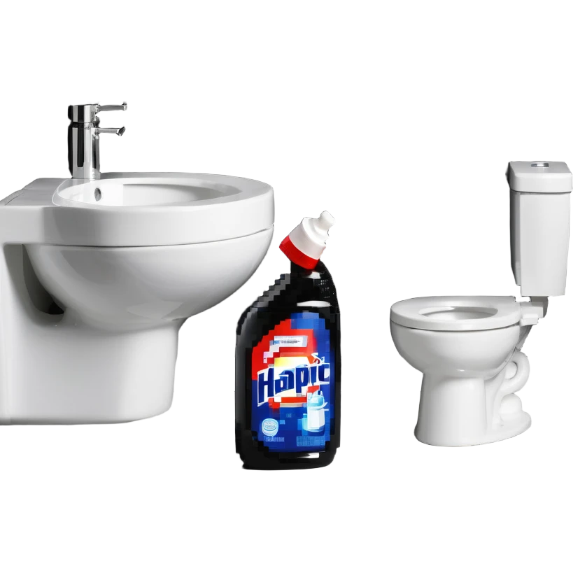 Harpic bottle next to a sparkling clean toilet emoji