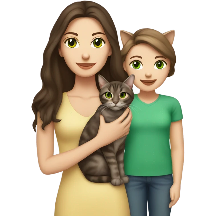 Caucasian women with long dark brown hair and brown eyes holding a tabby cat with green eyes emoji