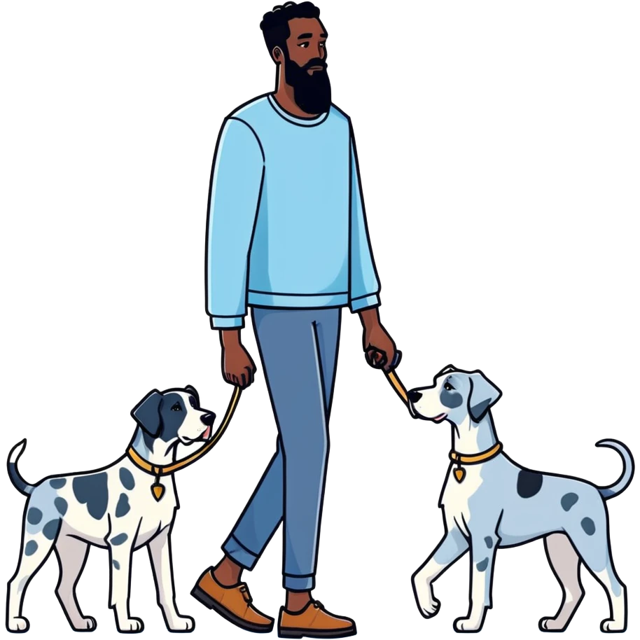 man and dog, tall bearded black man walking blue Merle Great Dane, illustration style emoji
