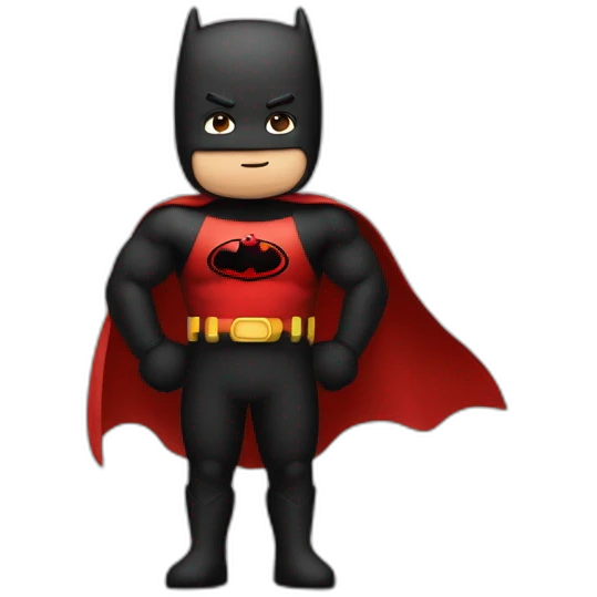 superheroe con antifaz calvo y un poco gordito con colores rojo y negro saludando con la mano e indicando un ok emoji