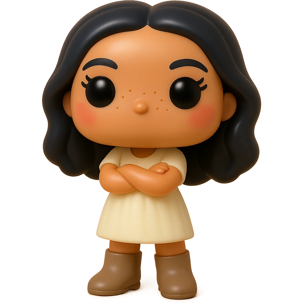 Enhance the Funko Pop style vinyl figure with superior quality, smooth tanned skin, detailed dark hair, textured feminine cream dress, greige leather boots clearly visible, arms crossed, rosy cheeks, very discreet freckles, eyelashes, mischievous and cheerful expression, no mouth, transparent background. emoji