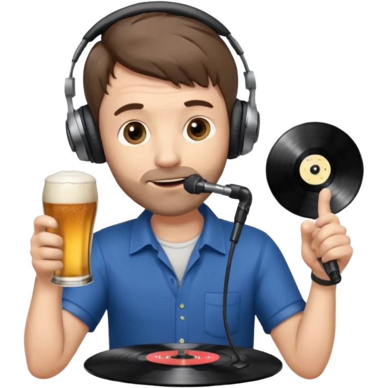a middle aged white male radio presenter, with short brown hair and slightly unshaven, wearing headphones, speaking into a microphone, with a beer in his right hand and vinyl record in his left hand emoji