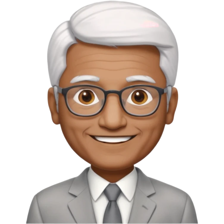 60 yr old indian man, short straight white hair brushed foreward , light grey business suit, big smile, dark brown skin, no moustache, dark brown eyes, glasses
 emoji