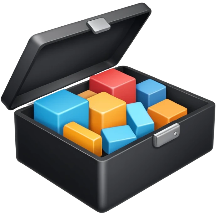 Minimalistic flat vector icon, iOS style, thin black contour on white background. Open box with neatly arranged objects inside. No text, no shadows.
 emoji