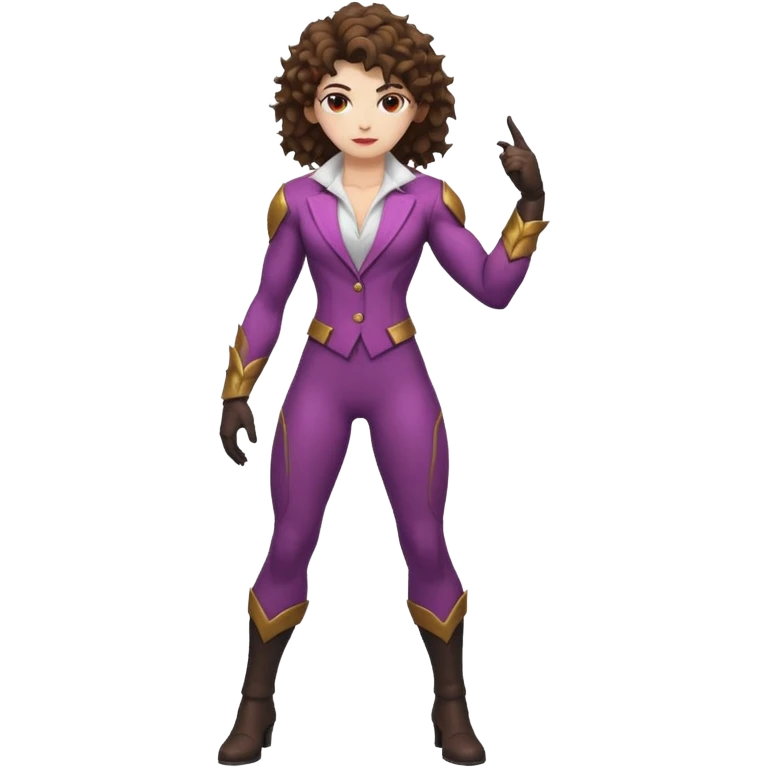full body woman short curly brown mullet brown eyes white skin muscular build thorn berry rogue suit emoji