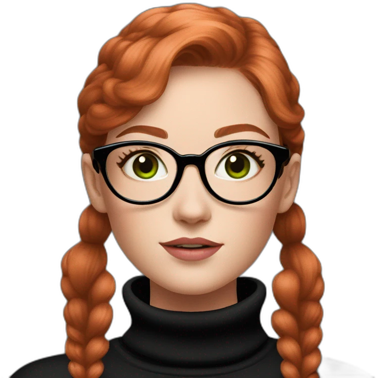redhead girl with round glasses, green eyes and pink blush on her cheek wearing a black turtleneck emoji