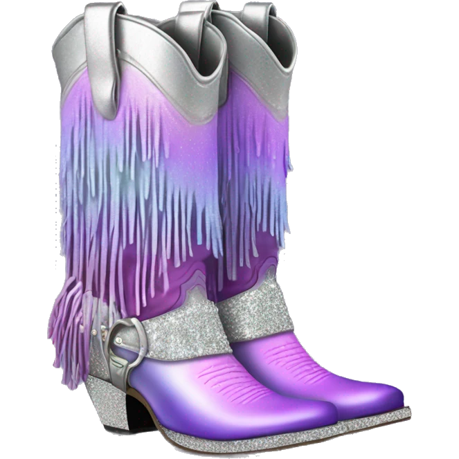 Realistic silver and pastel purple ombre pair of fashion cowgirl boots with sparkly shiny glitter fringe on them. emoji