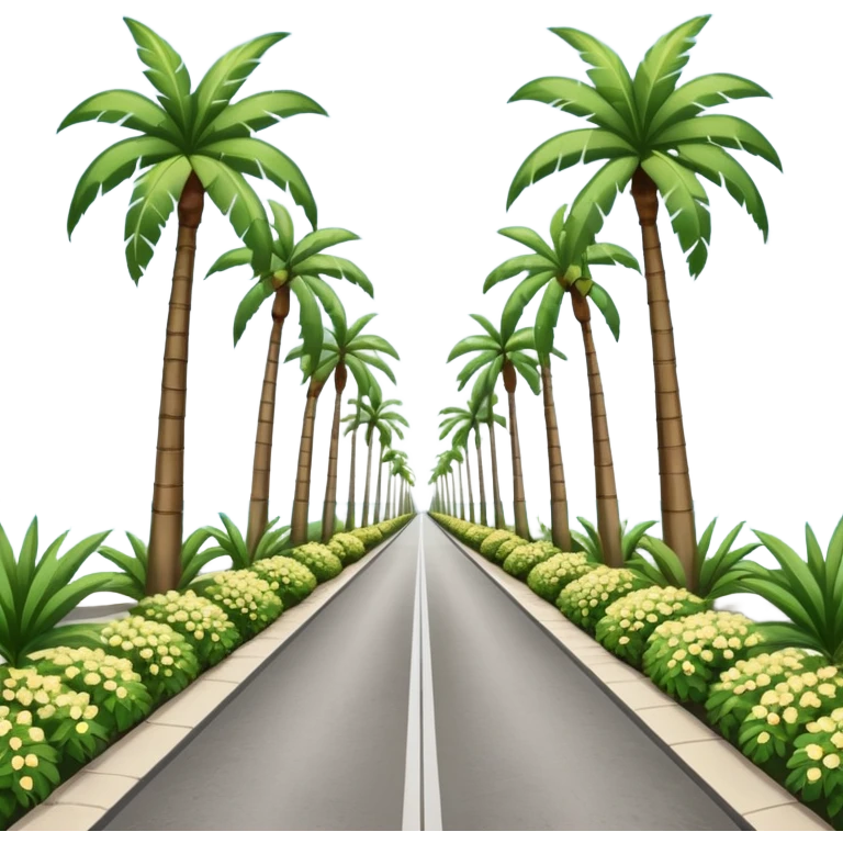 palm tree lined pedestrian pathway with tall green palm trees on both sides, flowering bushes on each side, clear blue sky, bright sunny weather with symmetrical perspective view down the road. grey concrete road. warm tropical holiday vibe emoji