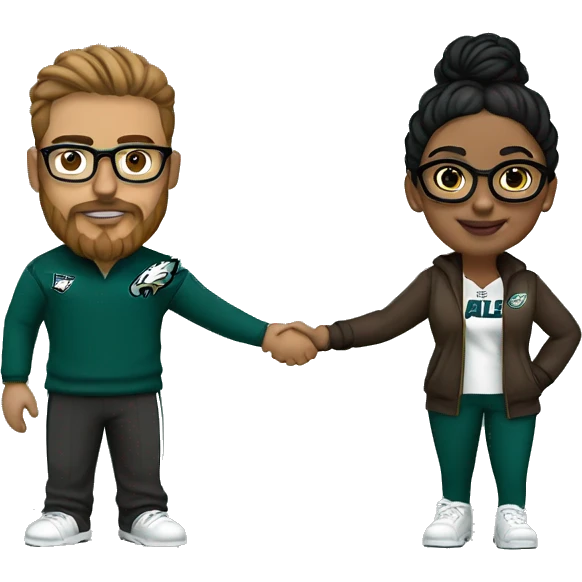 Brown guy with beard mustache and brown girl with glasses and her hair in a bun in Philadelphia eagles clothes holding hands emoji