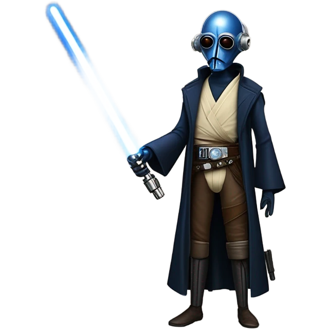 jedi first order human-sized darkblue-pearl friendly bounty hunter c3po droid wearing a leather wild west duster coat holding light saber ready to fight but relaxed. antique emoji