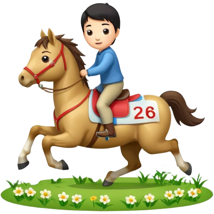 l little chinese boy riding on a  cute horse running on the grass with 2026 year label emoji