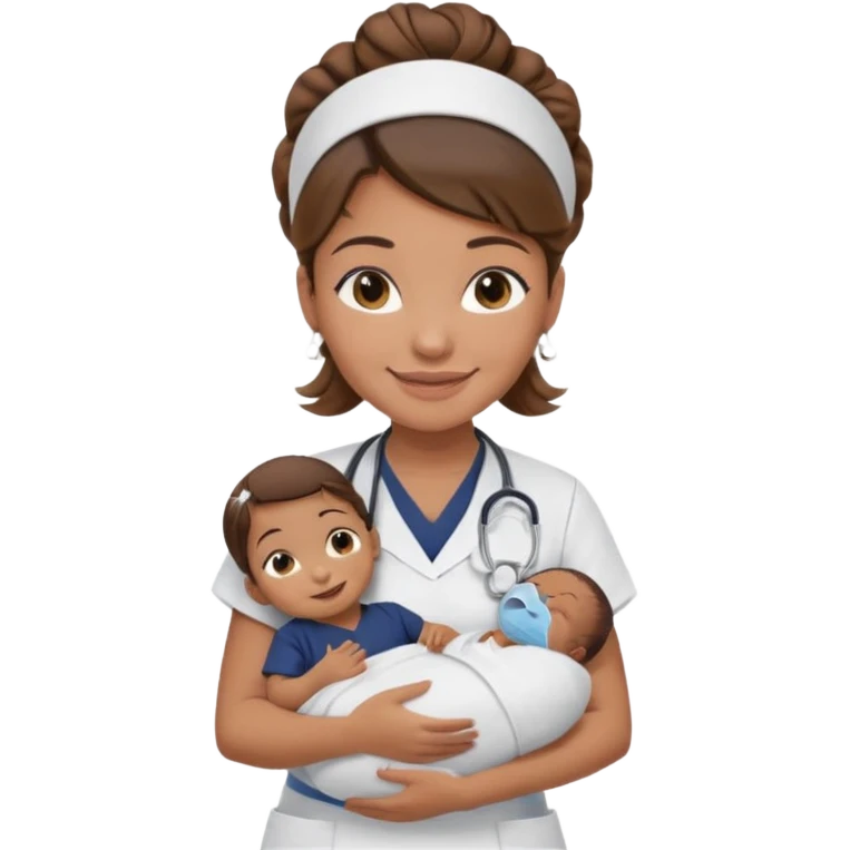 Female nurse smiling with her hair tied up in a roll on the top front of head with medium brown skin and brown eyes holding one new born with navy blue short sleeves emoji
