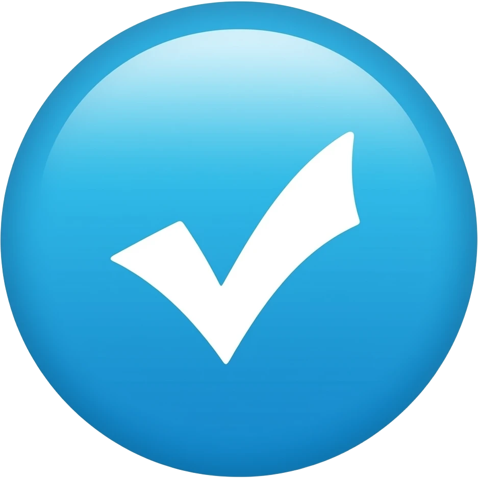 Create a minimal flat verification badge emoji, a bright cyan-blue circular icon with a smooth white checkmark in the center, soft rounded edges, clean modern style, no shadows, no text, transparent background, high quality vector emoji style, centered composition. emoji