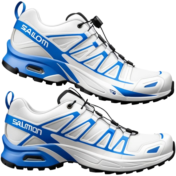 Minimalist white Salomon XT-6 with blue signature Salomon stripe across the middle, one positioned behind the other, iOS emoji style, completely white except for the distinctive colored middle stripe emoji