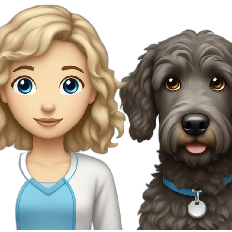 A black and grey golden doodle and a white girl with straight brown hair and blue eyes emoji