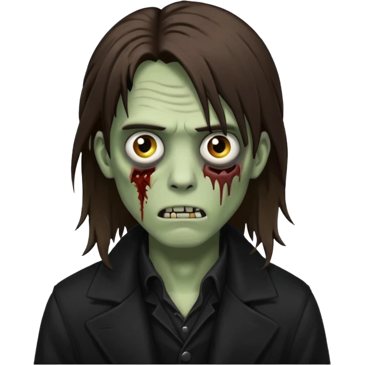 zoZombie, emo guy, with dark circles under his eyes and long brown hair, in a black long
 emoji