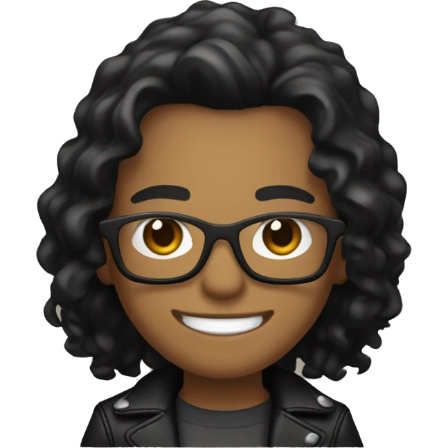 programmer, with light brown skin, square glasses, black wavy hair, wearing a black leather jacket and smiling (show teeth.) emoji