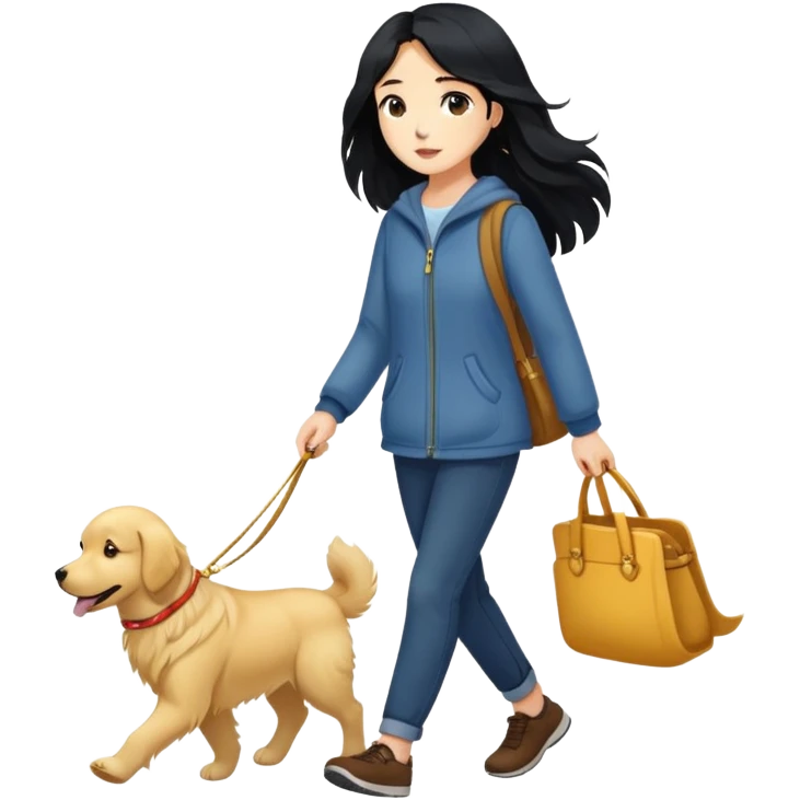 Long black hair - girl walking with a golden retriever emoji