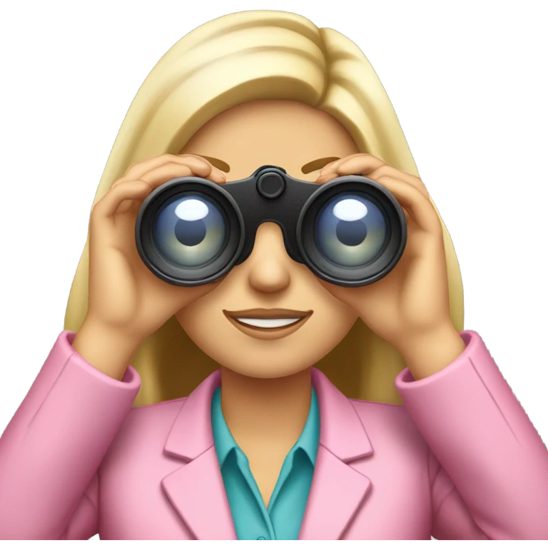 secretary style white female employee in pink suit using binoculars with long loose hair. must look straight in front of a camera emoji