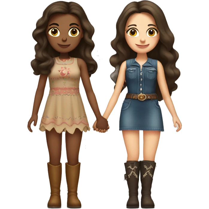 two brunette sisters, one with long hair, one with short hair. They are holding hands in cute mini dresses and cowboy boots emoji