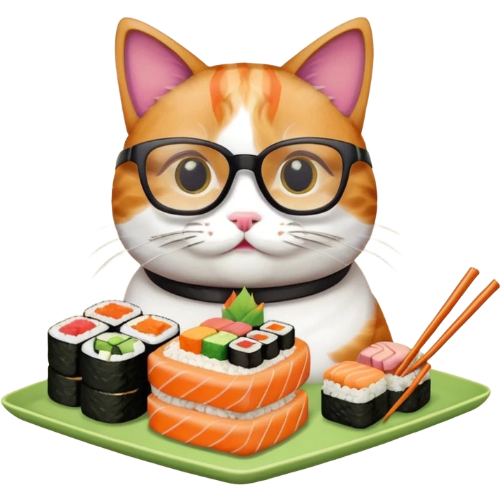 cat with cool square shaped glasses eating a birthday cake made out of sushi emoji