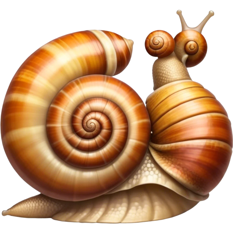 Close-up of large home snails inside a terrarium, showcasing their soft, spiral shells and glistening bodies, with a gentle light highlighting their details. Transparent background. emoji