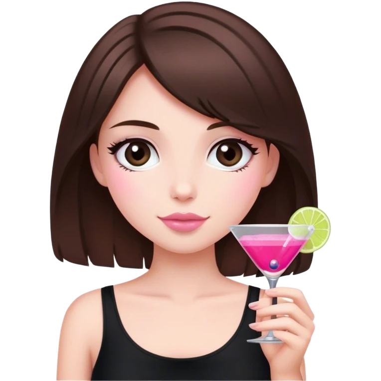 brunette hair down girl black top holding a pink cosmo emoji