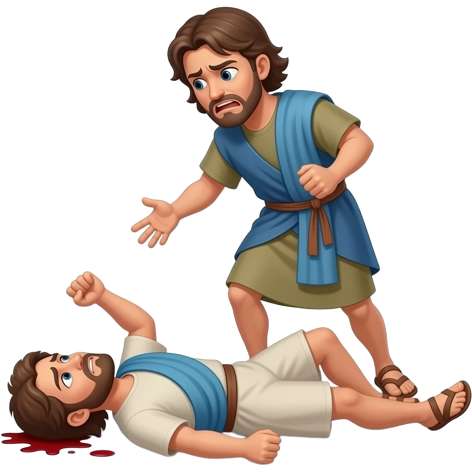 Two grown brothers dressed in biblical times fighting. One brother is dead on his back on the ground and his angry brother is standing over him regretful emoji