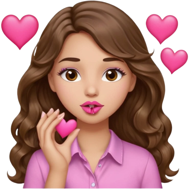 girl with long wavy brown hair, brown eyes, light to medium complexion, in a pink shirt, pink lips, long lashes, puckering up for a kiss, kiss lips and hearts in hand emoji