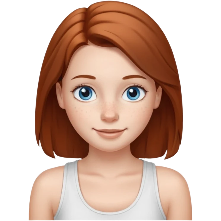 Una chica de tez blanca con pecas, nariz respingada, labios gruesos, ojos grandes color azul grisáceo, pelo largo, lacio, color castaño. Con una blusa de tirantes blanca. Que este sonriendo y q solo se vea de la cintura hacía arriba emoji