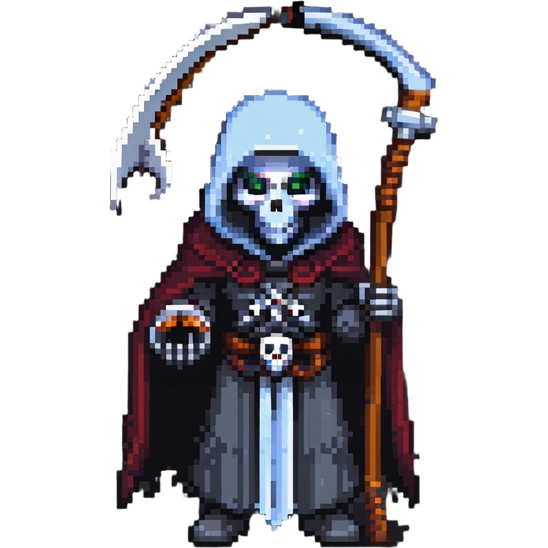 AI robot dressed as the Grim Reaper holding a scythe, pixel art style emoji