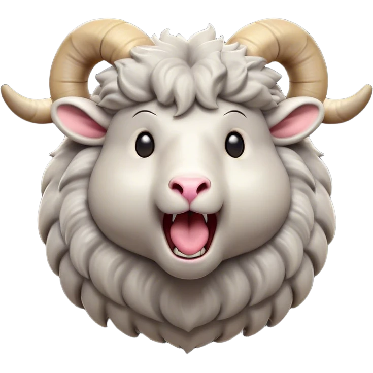 Cinematic Cute Yawning Ram Portrait Emoji, Head tilted slightly with a dramatic, wide-open yawn, showcasing a soft, woolly grey fur with gently drooping horns and ears, round dark eyes barely open in drowsy contentment, Simplified yet irresistibly adorable features, highly detailed, glowing with a soft, cozy glow, high shine, relaxed yet expressive, stylized with a touch of rugged whimsy, bright and endearing, soft glowing outline, capturing the essence of a sleepy yet affectionate ram, so drowsy it feels like it could stretch out of the screen and curl up for a nap! emoji