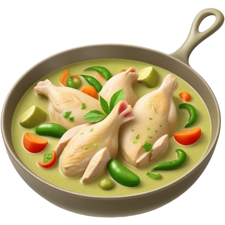 Cinematic Realistic Green Chicken Curry Dish Emoji, depicted with tender chicken simmered in a fragrant green curry sauce with vegetables rendered with rich textures and dynamic, vibrant lighting. emoji
