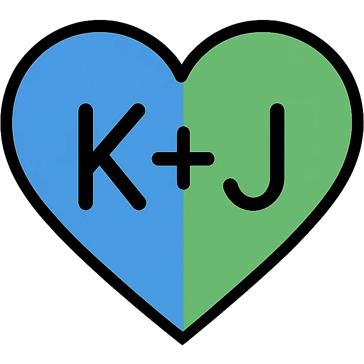 colorful icon style blue and green heart with the letters K+J in the center, transparent background emoji