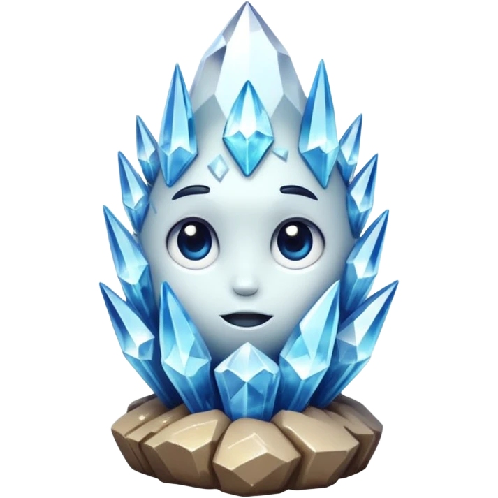 A single cute crystal rock character inspired by a clear quartz cluster, chunky round base with many tall transparent crystal spikes growing upward all around it with a face emoji