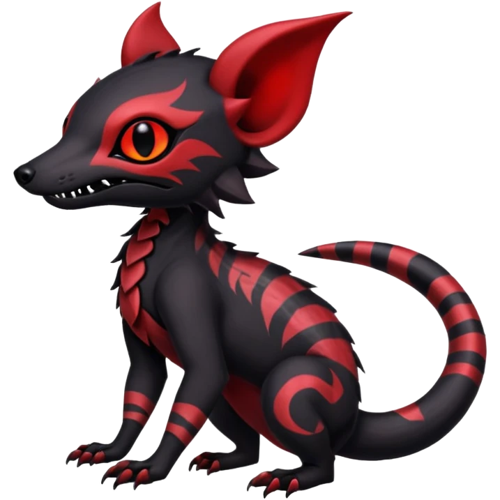 Rare warm-colored exotic gloomy tropical edgy cute epic aesthetic spooky black red gothic colorful Salandit-Noibat-Civet-species-Fakemon-hybrid-creature, with tribal tattoo markings, full body emoji