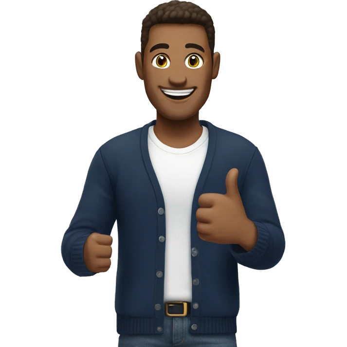 Smling man showing thumbs up, wearing navy cardigan and white t-shirt emoji