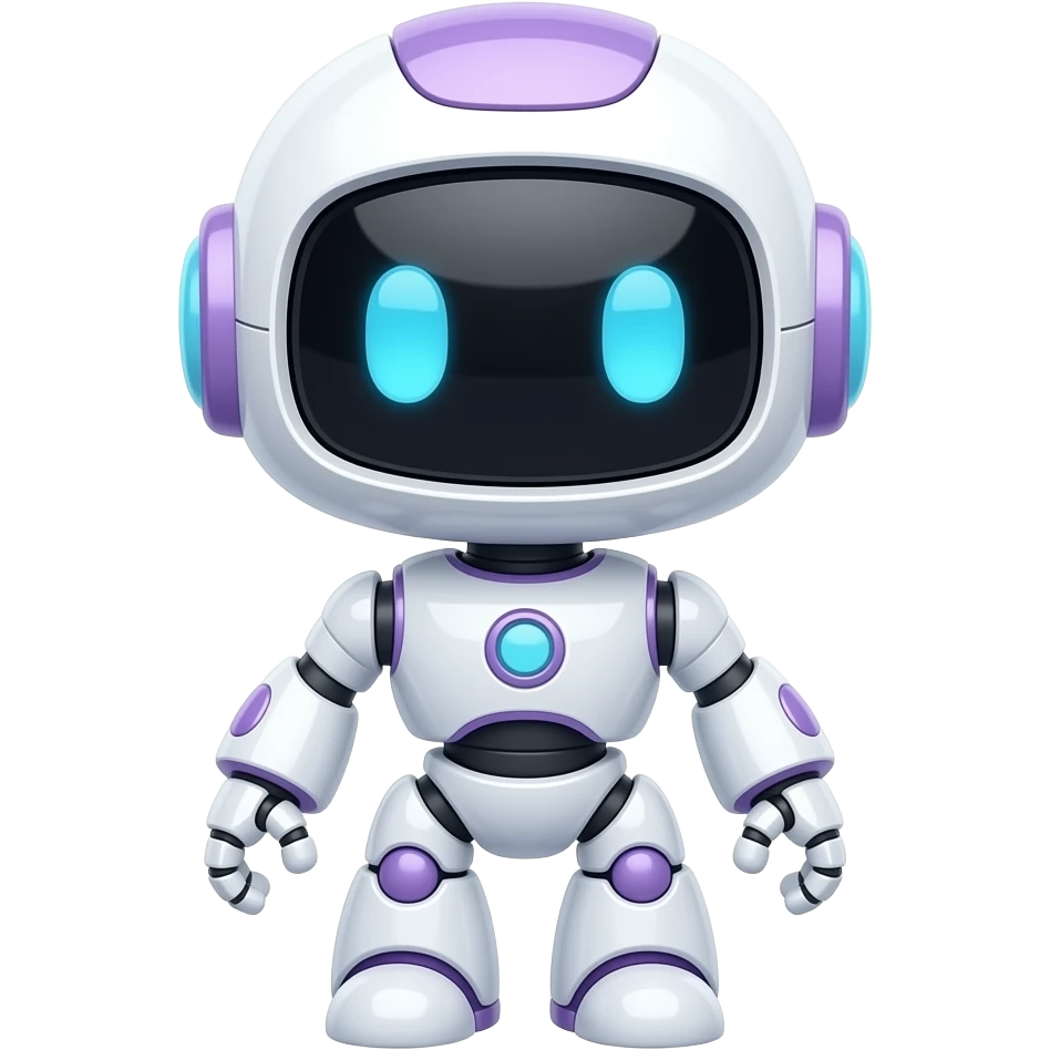 Cute AI robot same pose, Apple iPhone emoji style, glossy 3D, white + soft pastel purple, no neon, black glass face, blue eyes, soft shadows, premium clean lighting, transparent background emoji