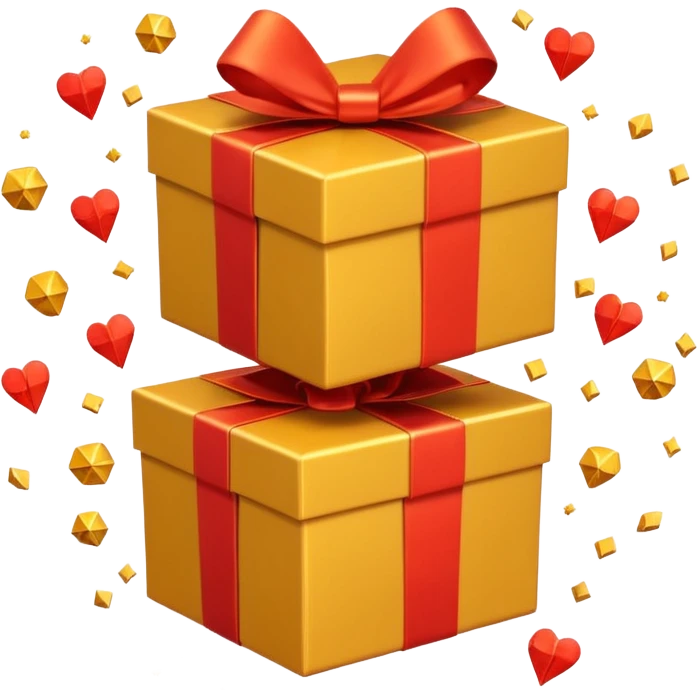 3D emoji style illustration of a big golden gift box with a shiny orange ribbon, a red off-road SUV car jumping out of the box, bright glowing orange background, small playing cards and sparkles flying around, no text, high resolution, square image emoji