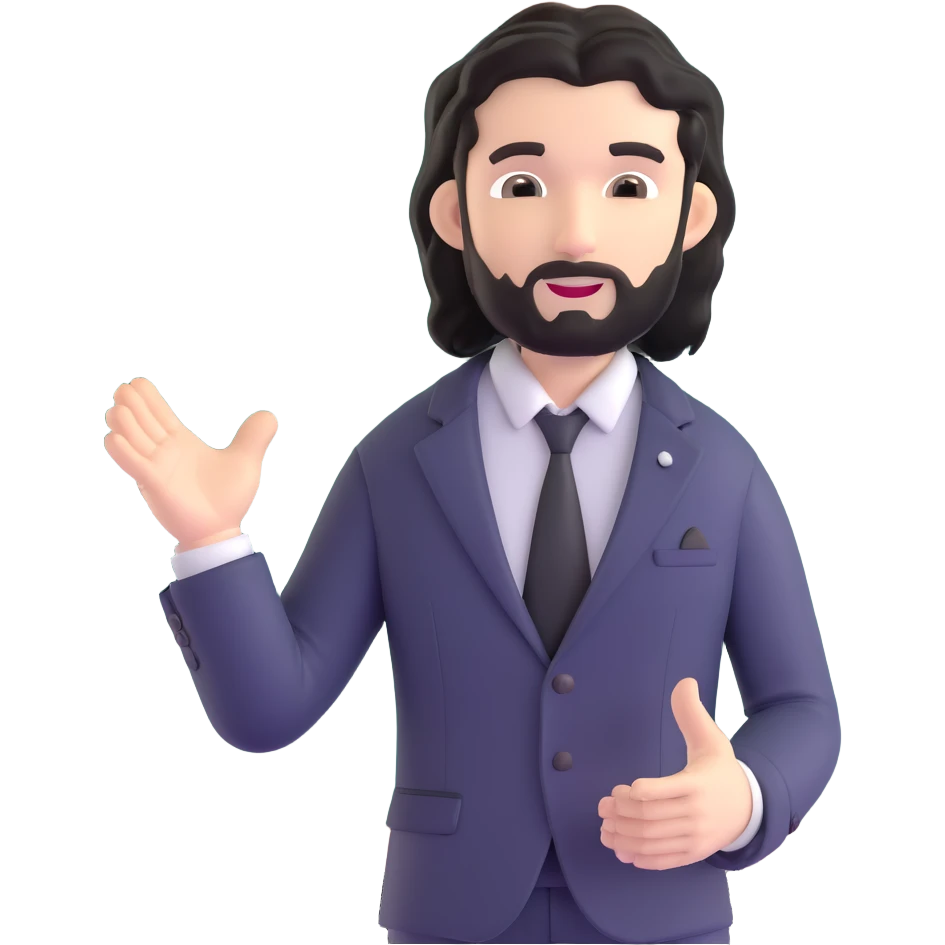 Business strategist man with black wavy hair, stubble, chiseled face, wearing blazer and button-up shirt, standing in front of whiteboard teaching, confident engaging expression emoji