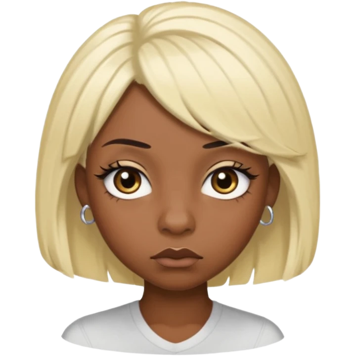 crée moi une jeune adulte noir au yeux brider marron foncer et une perruque blonde avec des baby hairs percing au nez et des gros faux cils bien charger , une fille un peu 92i emoji