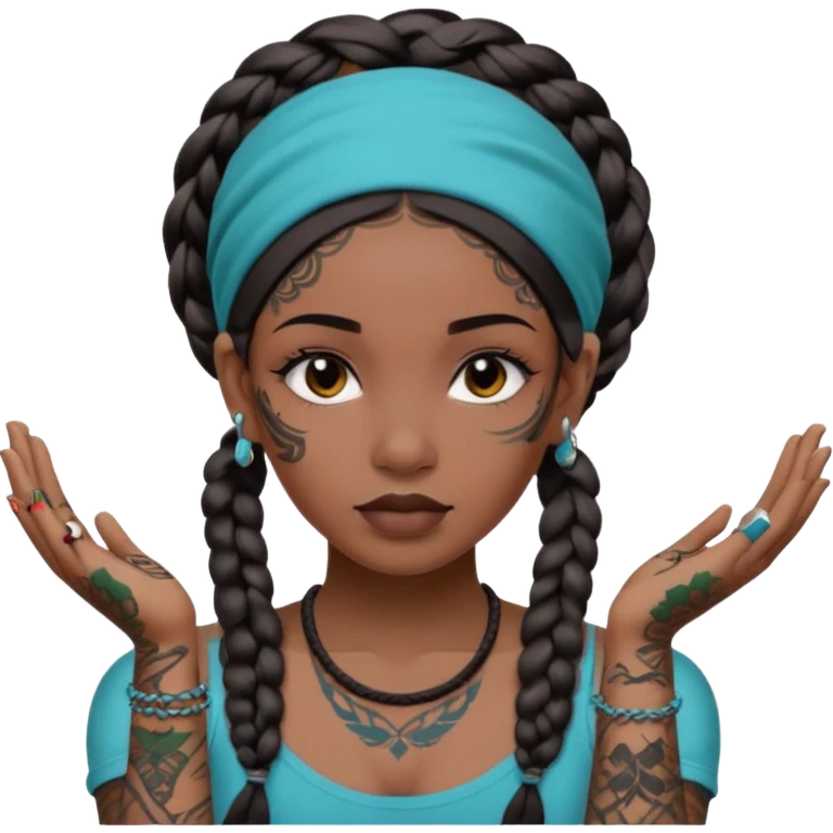 big lose braids starting from the top of the head woman face wiith big visible braids and mono color headband on head  face and braids as big as headband and lots and lots of face tattoos colored tattoos like a tattoo artist emoji