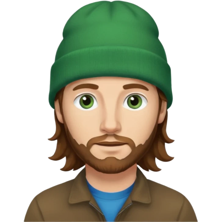 white man
aged 40
Blue eyes, 
mid length brown wavy hair
Green beanie hat emoji