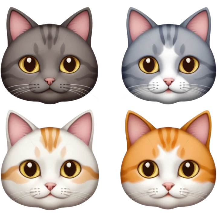 4 different coloured short haired cats including; a dark brown tabby and white cat, and a dark grey and white  emoji