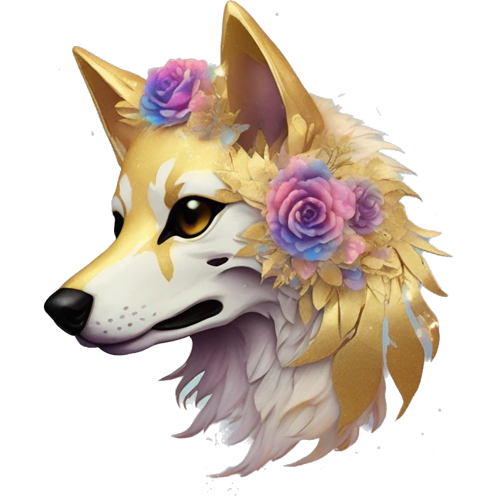 iridescent kintsugi fluffy dog fox head zombie skull skeleton gold mechanical nebula galaxy stars colorful flowers fairy lights vintage emoji
